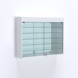 Витрина настенная №203-8А широкая с подсветкой, стеклянными полками и зеркалом, Белый