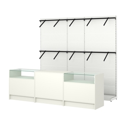 Комплект стеллажей с пристенными поручнями и прилавков ЭК-2 для торговли одеждой №5, Белый