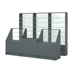 Комплект стеллажей с наклонными стеклянными полками SL-6 №12-1 и прилавков ЭК-07, Темно-Серый