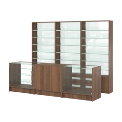 Комплект стеллажей с наклонными стеклянными полками SL-6 №12-1 и прилавков ЭК-04, Орех