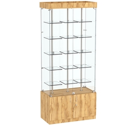 Стеклянная торговая витрина широкая с верхней подсветкой и маленькими прозрачными полками Фрактал №1-1, Дуб Золотистый