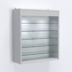 Витрина настенная №201-8Г открытая с пятью узкими полками, подсветкой и зеркалом, Серый