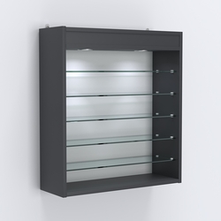 Витрина настенная №201-8Г открытая с пятью узкими полками, подсветкой и зеркалом, Антрацит