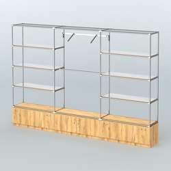 Торговая система ХРОМ без ДСП 3600 мм с тумбами Т11, Т21, зеркальными полками и поручнями №4, Дуб Золотистый