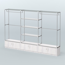 Торговая система ХРОМ без ДСП 3600 мм с тумбами Т21, зеркальными полками и поручнями №2, Ясень Анкор светлый