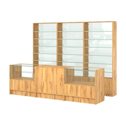 Комплект стеллажей с наклонными стеклянными полками SL-6 №12-1 и прилавков ЭК-03, Дуб Золотистый