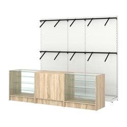 Комплект стеллажей с пристенными поручнями и прилавков ЭК-4 для торговли одеждой №7, Дуб сонома