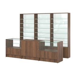 Комплект стеллажей с наклонными стеклянными полками SL-6 №12-1 и прилавков ЭК-03, Орех