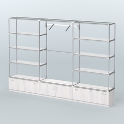 Торговая система ХРОМ без ДСП 3600 мм с тумбами Т11, Т21, зеркальными полками и поручнями №4, Ясень Анкор светлый