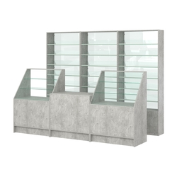 Комплект стеллажей с наклонными стеклянными полками SL-6 №12-1 и прилавков ЭК-07, Метрополитан Грей
