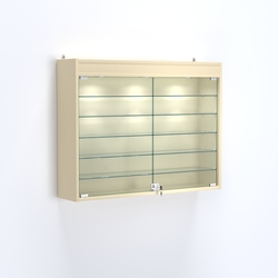 Витрина настенная №203-7А широкая с фризом и пятью стеклянными полками, Крем Вайс