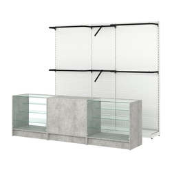 Комплект стеллажей с комбо поручнями и прилавков ЭК-4 для торговли одеждой №11, Метрополитан Грей