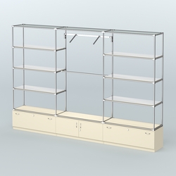 Торговая система ХРОМ без ДСП 3600 мм с тумбами Т11, Т21, зеркальными полками и поручнями №4, Крем Вайс