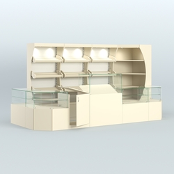 Угловой павильон со стеклянными прилавками для продажи хлеба и выпечки №3, Крем Вайс + Белый