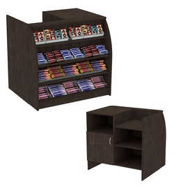 Торговый кассовый прилавок импульсных покупок с наклонными полками со стеклянными бортиками Импульс №1-3-900, Дуб Венге