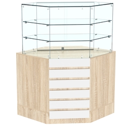 Торговый прилавок угловой со стеклянными шторками и фасадными панелями №15Э-02, Дуб Сонома + Белый