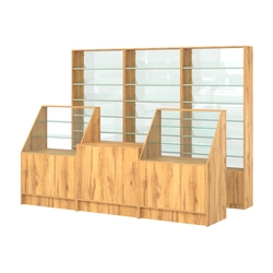 Комплект стеллажей с наклонными стеклянными полками SL-6 №12-1 и прилавков ЭК-07, Дуб Золотистый