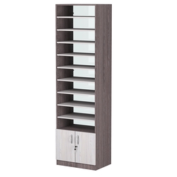 Стеллаж из ДСП с 9-ю полками 400x600 мм серии LEVEL-9 №7-1 (З/C - СТЕКЛО), Ясень Анкор темный + Ясень Анкор светлый