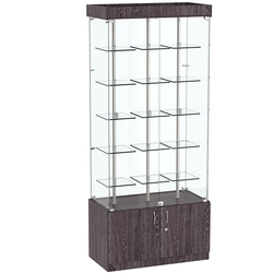 Стеклянная торговая витрина широкая с верхней подсветкой и маленькими прозрачными полками Фрактал №1-1, Ясень Анкор темный - U31105