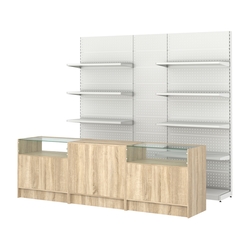 Комплект металлических стеллажей с полками и перфорацией и прилавков ЭК-2, Дуб сонома