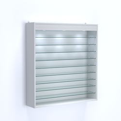 Витрина настенная №204-7Г открытая с фризом и девятью полками из стекла, Серый