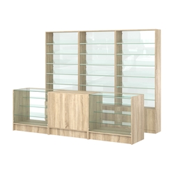 Комплект стеллажей с наклонными стеклянными полками SL-6 №12-1 и прилавков ЭК-04, Дуб сонома