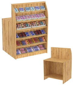 Торговый кассовый прилавок импульсных покупок с высоким фасадным стеллажом Импульс №2-1-900, Дуб Золотистый