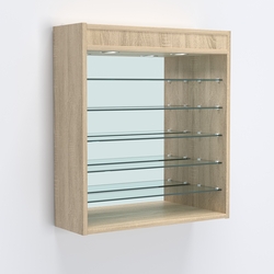 Витрина настенная №201-8Г открытая с пятью узкими полками, подсветкой и зеркалом, Дуб Сонома