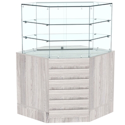 Торговый прилавок угловой со стеклянными шторками и фасадными панелями №15Э-02, Ясень Анкор светлый - U31104