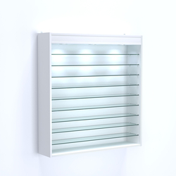 Витрина настенная №204-7Г открытая с фризом и девятью полками из стекла, Белый