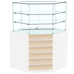 Торговый прилавок угловой со стеклянными шторками и фасадными панелями №15Э-02, Белый + Дуб Сонома