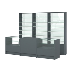 Комплект стеллажей с наклонными стеклянными полками SL-6 №12-1 и прилавков ЭК-03, Темно-Серый