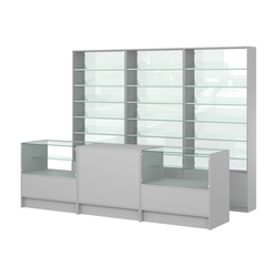 Комплект стеллажей с наклонными стеклянными полками SL-6 №12-1 и прилавков ЭК-03, Серый