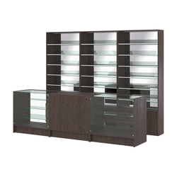 Комплект стеллажей с наклонными стеклянными полками SL-6 №12-2 и прилавков ЭК-04, Дуб Венге