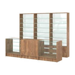 Комплект стеллажей с наклонными стеклянными полками SL-6 №12-1 и прилавков ЭК-04, Дуб Канзас коричневый