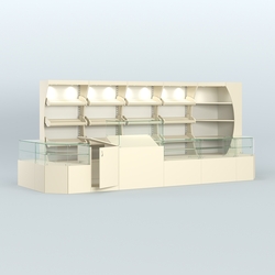 Угловой павильон с широким рядом стеллажей для размещения хлеба и выпечки №4, Крем Вайс + Белый