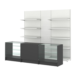 Комплект металлических стеллажей с полками и перфорацией и прилавков ЭК-4, Черный