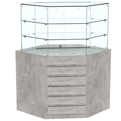 Торговый прилавок угловой со стеклянными шторками и фасадными панелями №15Э-02, Бетон Чикаго светло-серый F186 ST9