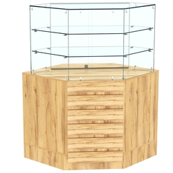 Торговый прилавок угловой со стеклянными шторками и фасадными панелями №15Э-02, Дуб Золотистый