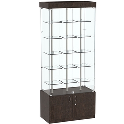 Стеклянная торговая витрина широкая с верхней подсветкой и маленькими прозрачными полками Фрактал №1-1, Дуб Венге