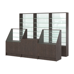 Комплект стеллажей с наклонными стеклянными полками SL-6 №12-1 и прилавков ЭК-07, Дуб Венге