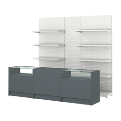 Комплект металлических стеллажей с полками и перфорацией и прилавков ЭК-2, Темно-Серый