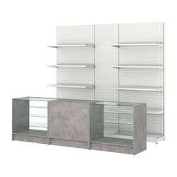 Комплект металлических стеллажей с полками и перфорацией и прилавков ЭК-4, Бетон Чикаго светло-серый F186 ST9