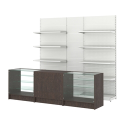 Комплект металлических стеллажей с полками и перфорацией и прилавков ЭК-4, Дуб Венге