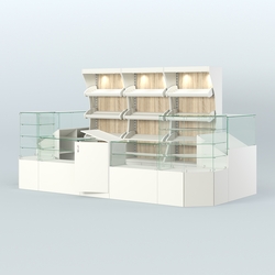 Пристенный павильон со стеклянными прилавками под выкладку хлеба и выпечки №2, Белый + Дуб Сонома