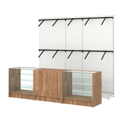 Комплект стеллажей с пристенными поручнями и прилавков ЭК-4 для торговли одеждой №7, Дуб Канзас коричневый