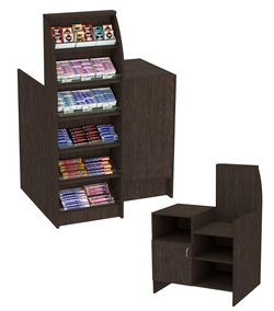 Торговый кассовый прилавок с шестью узкими наклонными полками для выкладки товаров импульсных покупок Импульс №2-3-450, Дуб Венге