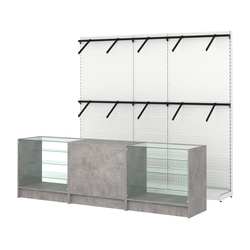 Комплект стеллажей с пристенными поручнями и прилавков ЭК-4 для торговли одеждой №7, Бетон Чикаго светло-серый F186 ST9