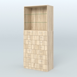 Шкаф для аптек с 16-ю ящиками и двумя стеклянными полками №7-1-С, Дуб Сонома