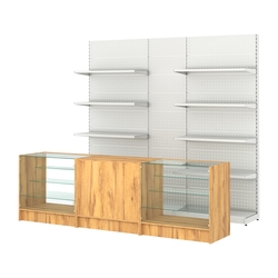 Комплект металлических стеллажей с полками и перфорацией и прилавков ЭК-4, Дуб Золотистый